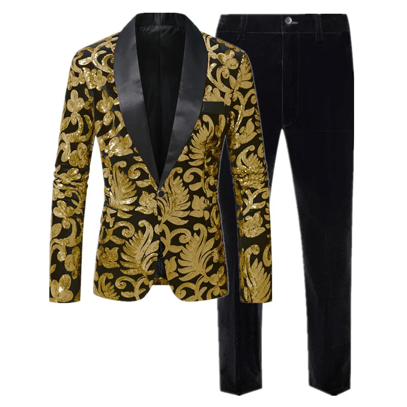 High-end Velvet Sequin Men's Wedding Prom Party Suits Singer Host Stage Performance Luxury Blazer and Pants