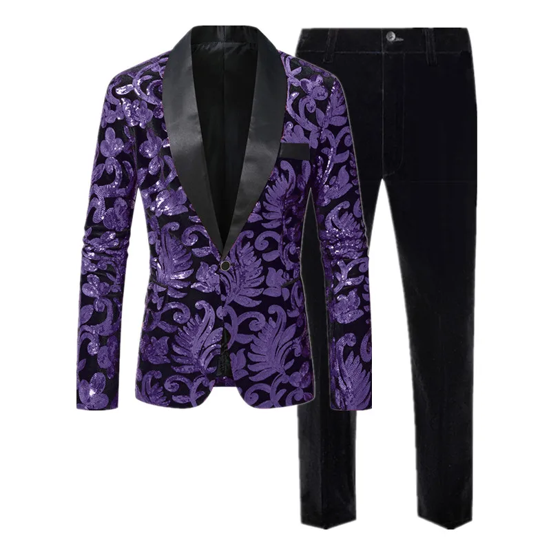 High-end Velvet Sequin Men's Wedding Prom Party Suits Singer Host Stage Performance Luxury Blazer and Pants