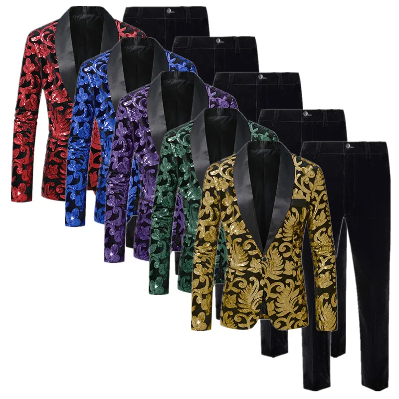 High-end Velvet Sequin Men's Wedding Prom Party Suits Singer Host Stage Performance Luxury Blazer and Pants