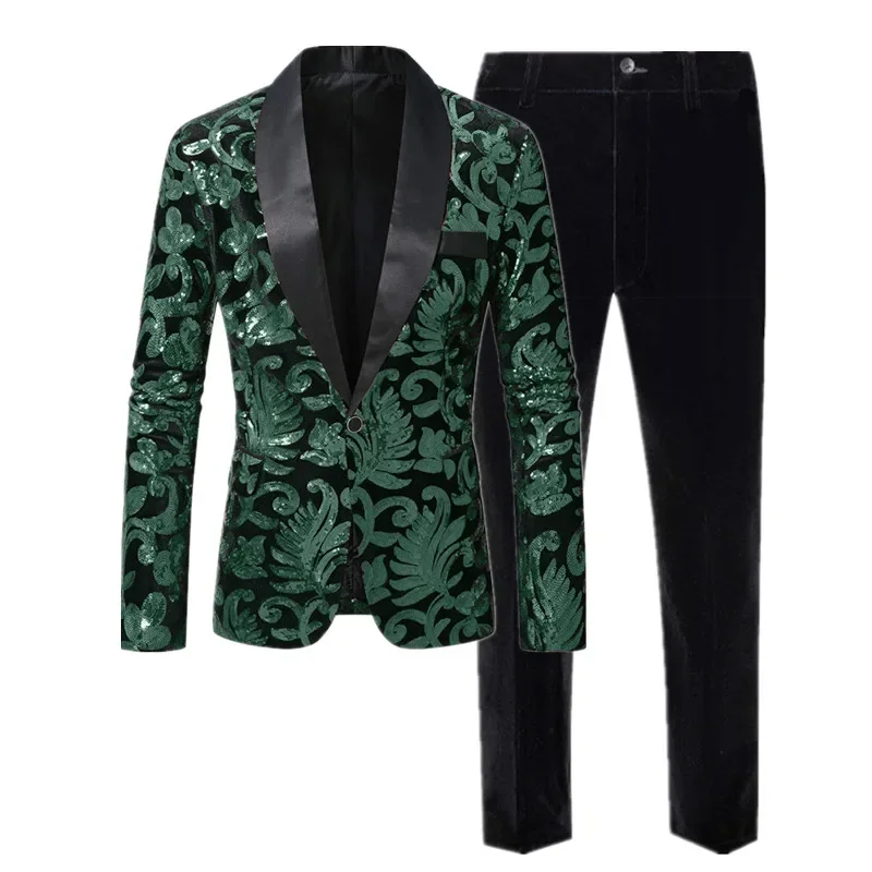 High-end Velvet Sequin Men's Wedding Prom Party Suits Singer Host Stage Performance Luxury Blazer and Pants