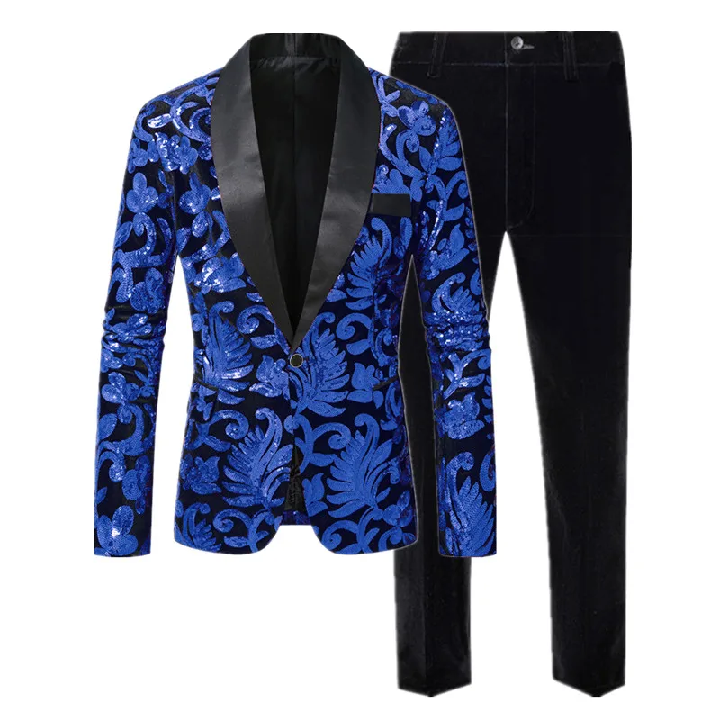 High-end Velvet Sequin Men's Wedding Prom Party Suits Singer Host Stage Performance Luxury Blazer and Pants