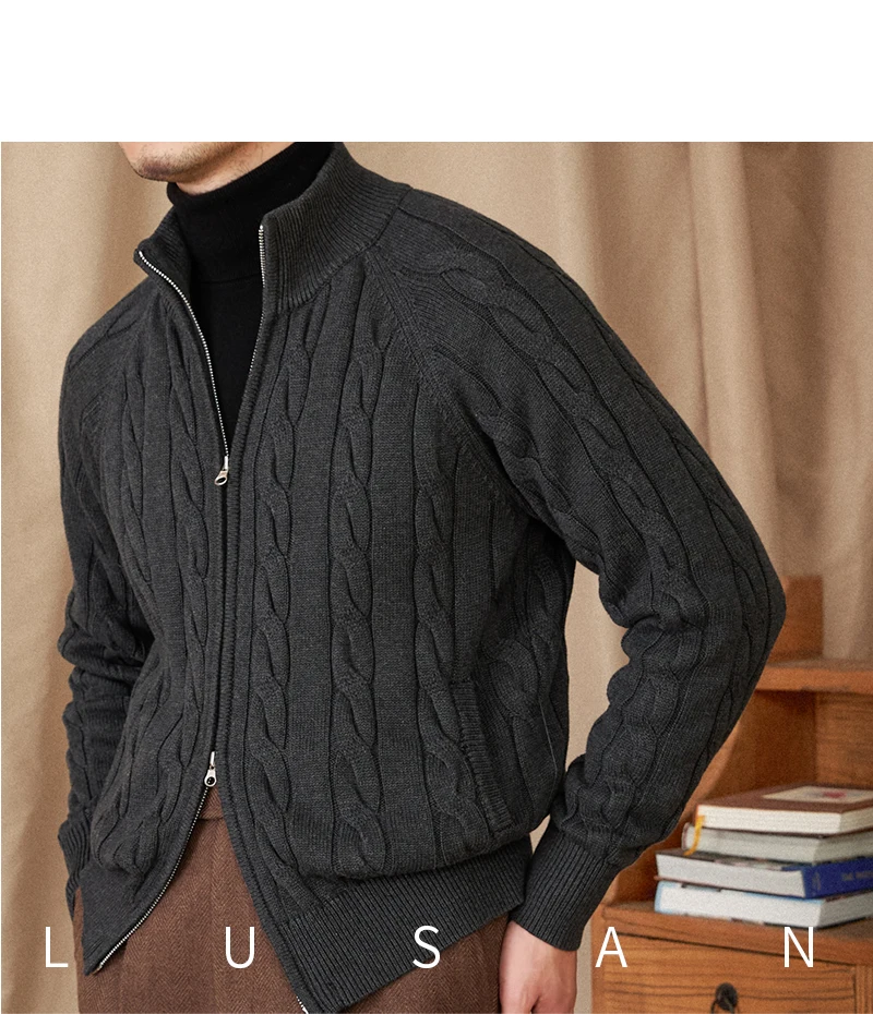 Pure Cotton Knitted British Thickened High Weight Twist Double Zipper Cardigan with Vertical Collar Sweater Jacket