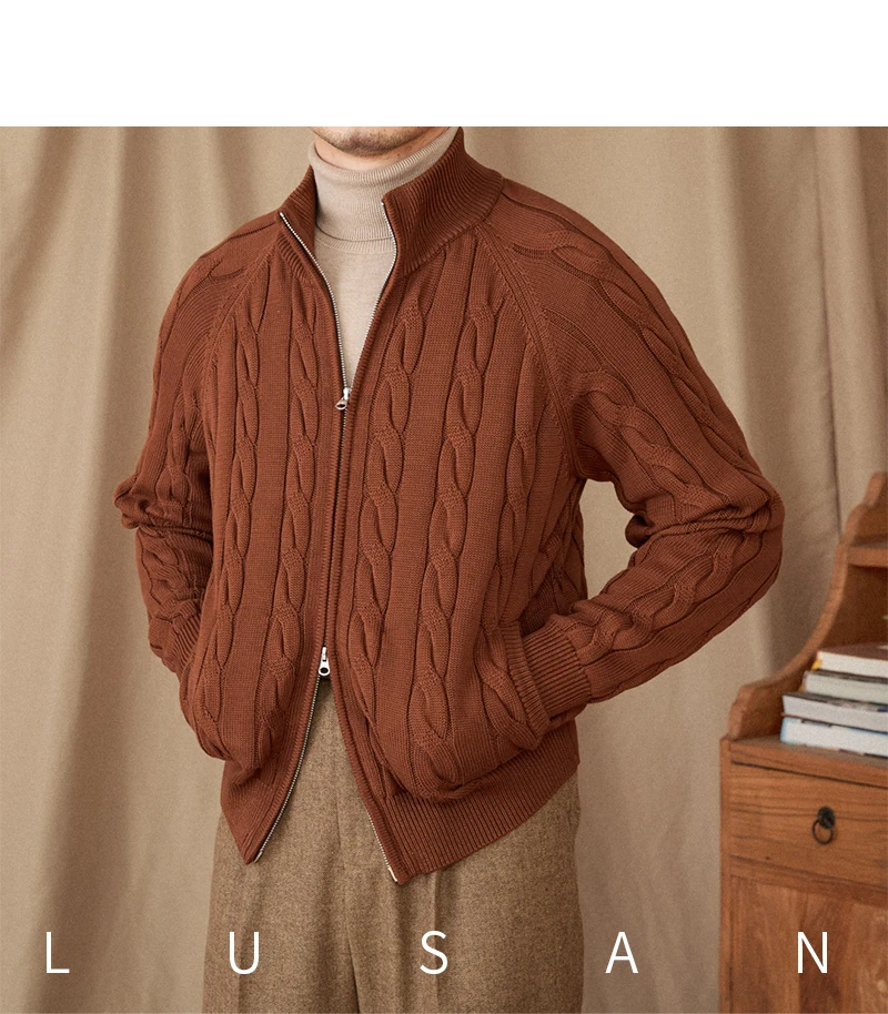 Pure Cotton Knitted British Thickened High Weight Twist Double Zipper Cardigan with Vertical Collar Sweater Jacket