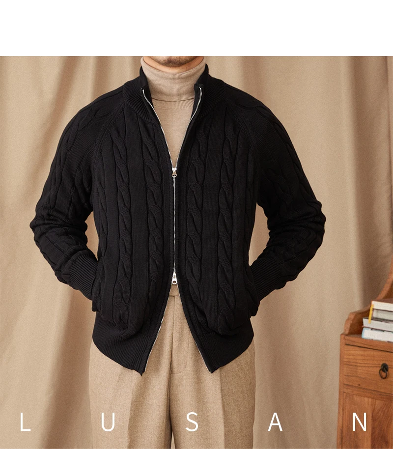 Pure Cotton Knitted British Thickened High Weight Twist Double Zipper Cardigan with Vertical Collar Sweater Jacket