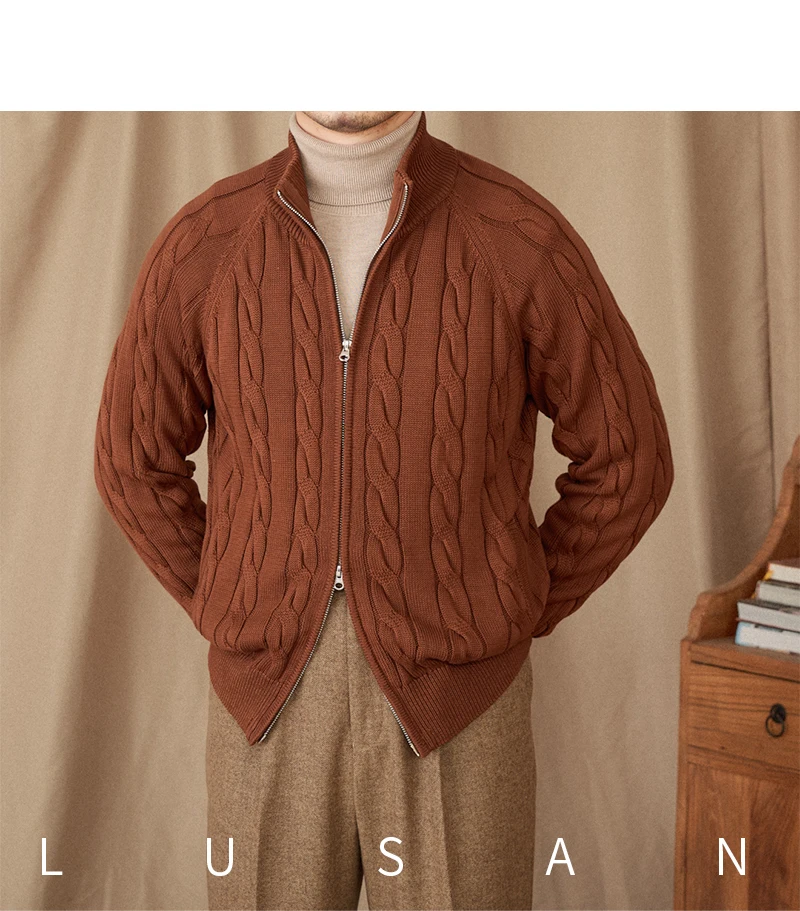 Pure Cotton Knitted British Thickened High Weight Twist Double Zipper Cardigan with Vertical Collar Sweater Jacket