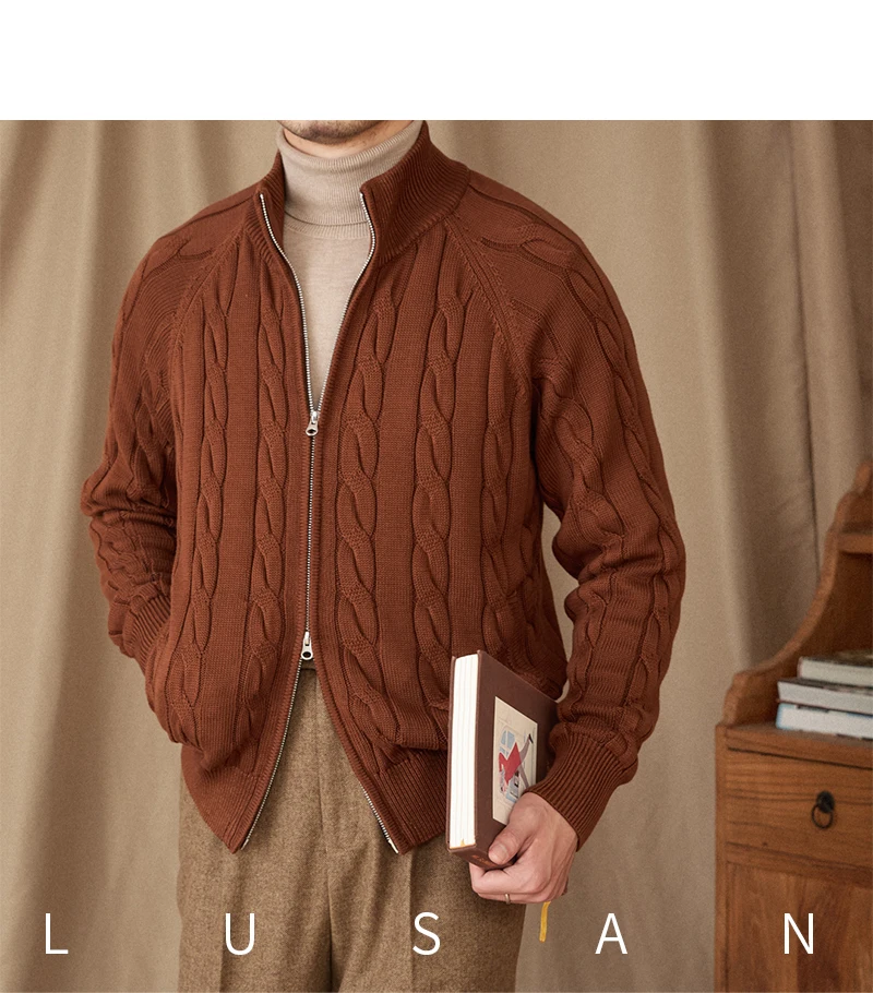 Pure Cotton Knitted British Thickened High Weight Twist Double Zipper Cardigan with Vertical Collar Sweater Jacket