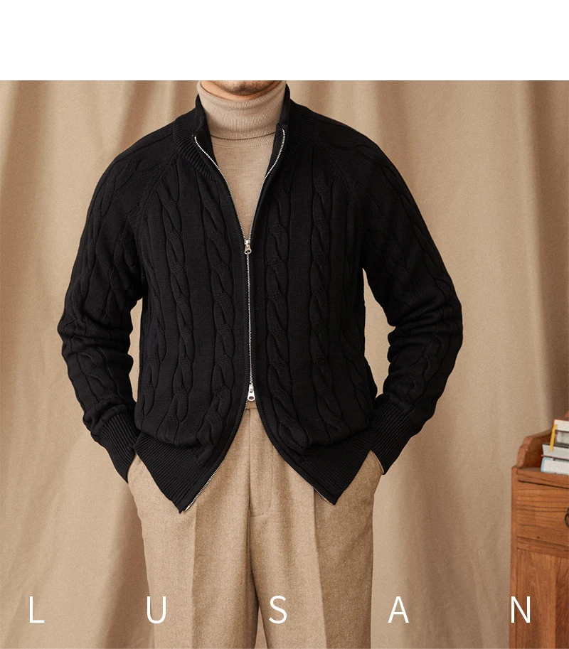 Pure Cotton Knitted British Thickened High Weight Twist Double Zipper Cardigan with Vertical Collar Sweater Jacket