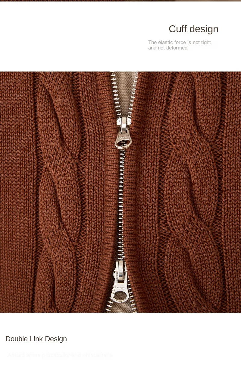 Pure Cotton Knitted British Thickened High Weight Twist Double Zipper Cardigan with Vertical Collar Sweater Jacket