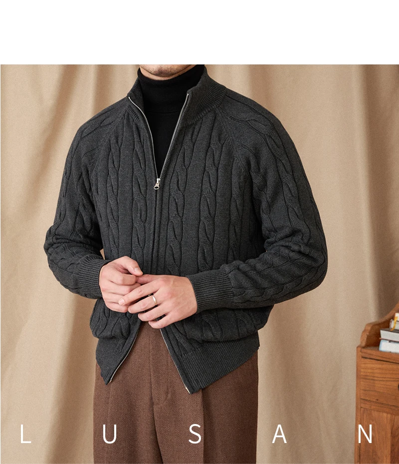 Pure Cotton Knitted British Thickened High Weight Twist Double Zipper Cardigan with Vertical Collar Sweater Jacket