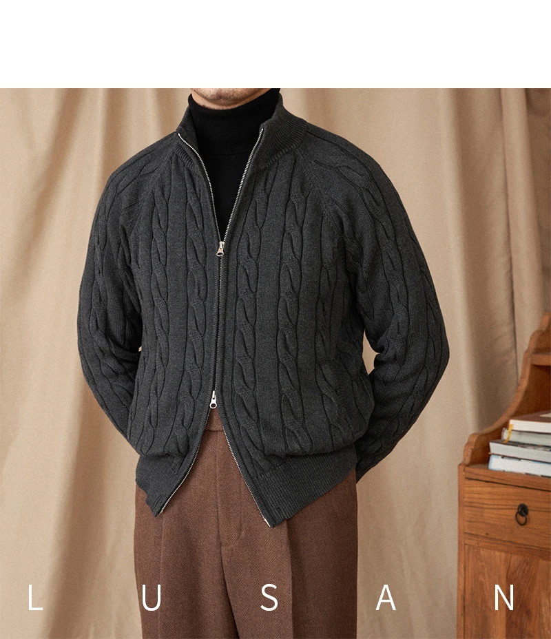 Pure Cotton Knitted British Thickened High Weight Twist Double Zipper Cardigan with Vertical Collar Sweater Jacket