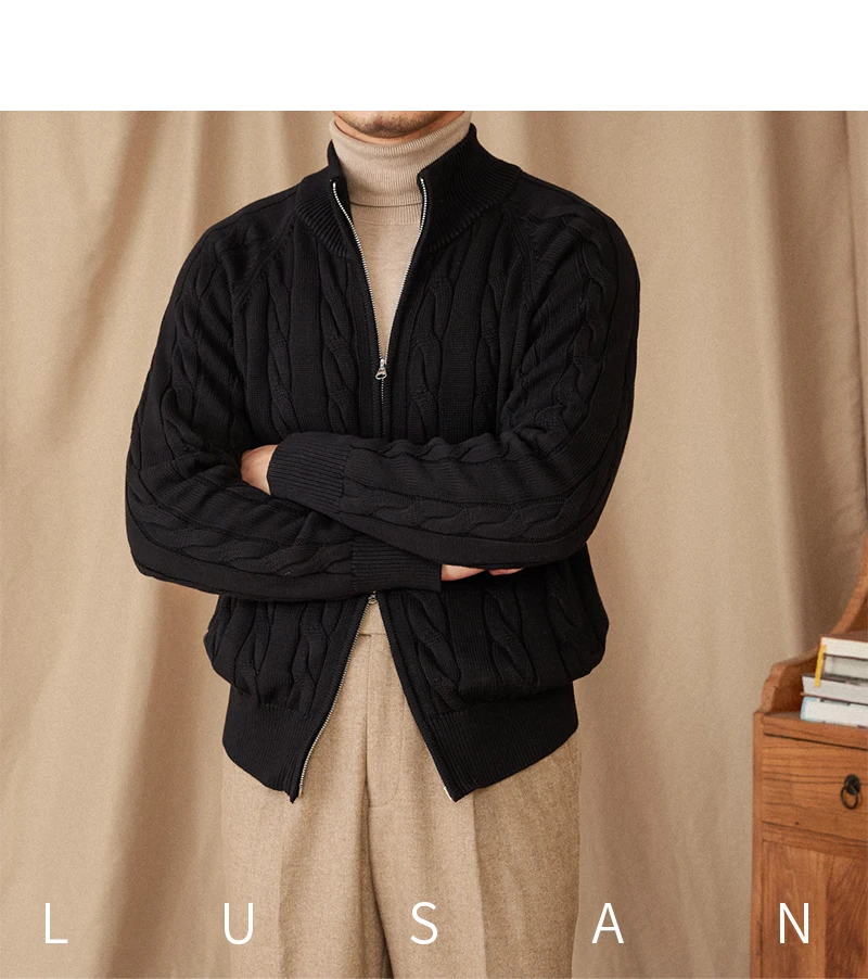 Pure Cotton Knitted British Thickened High Weight Twist Double Zipper Cardigan with Vertical Collar Sweater Jacket