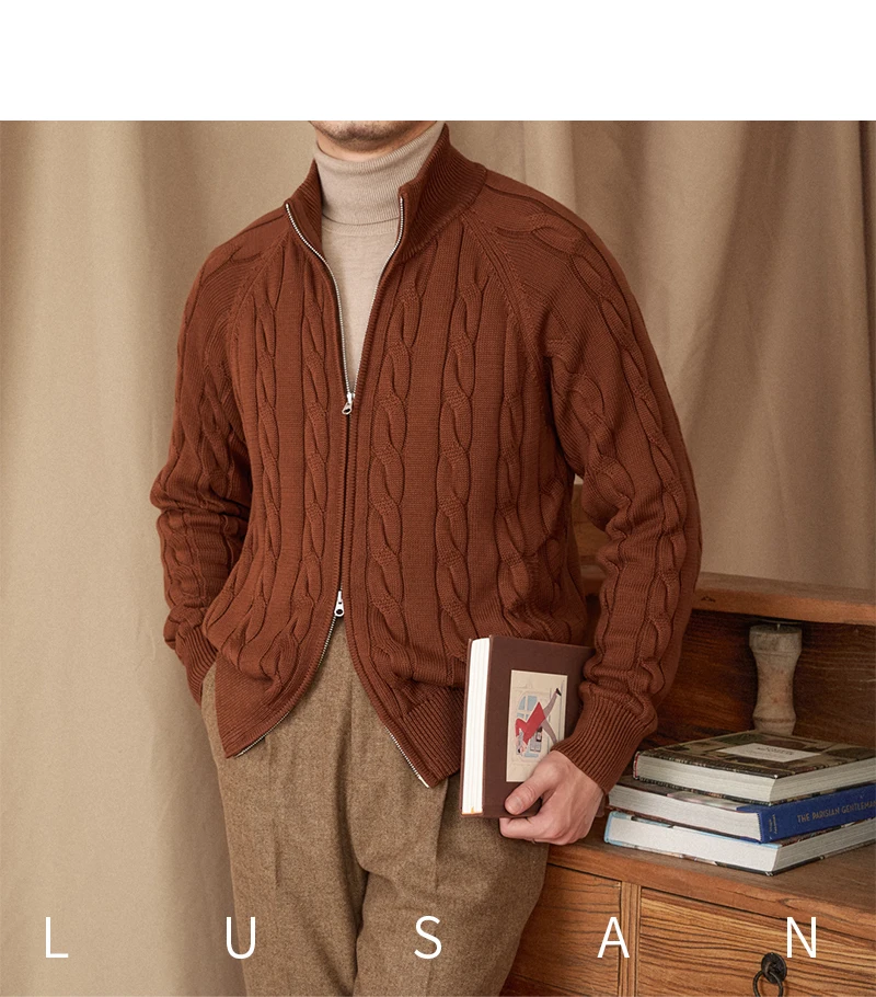 Pure Cotton Knitted British Thickened High Weight Twist Double Zipper Cardigan with Vertical Collar Sweater Jacket