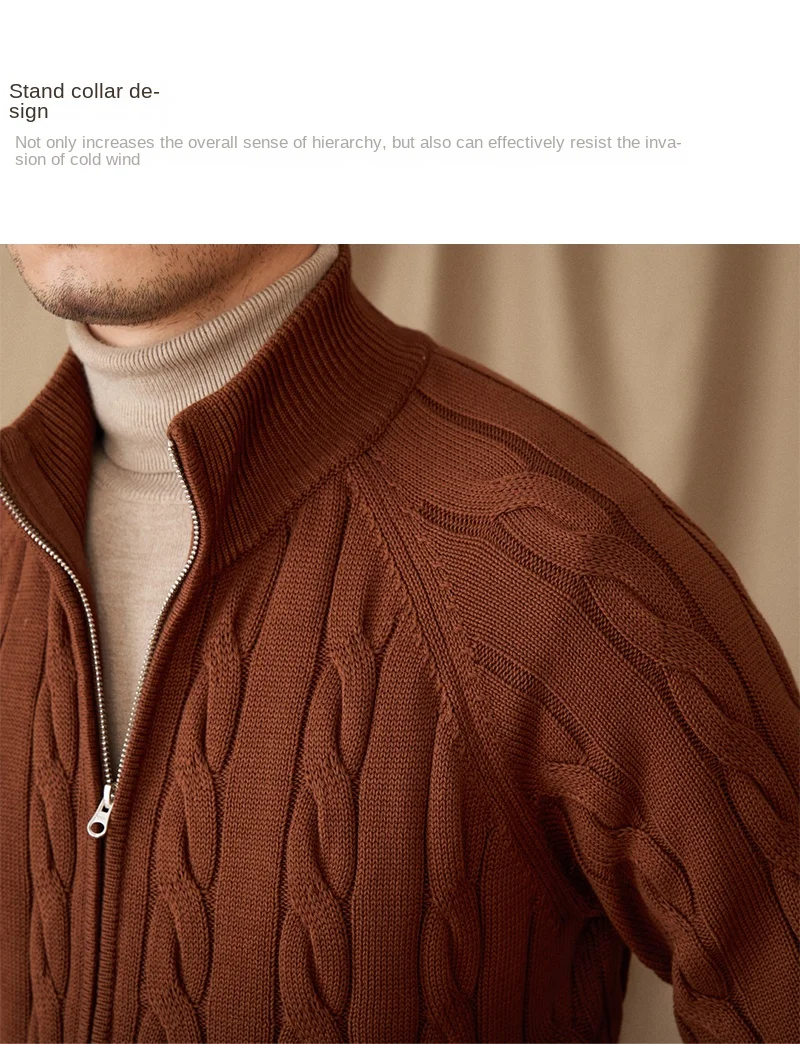 Pure Cotton Knitted British Thickened High Weight Twist Double Zipper Cardigan with Vertical Collar Sweater Jacket