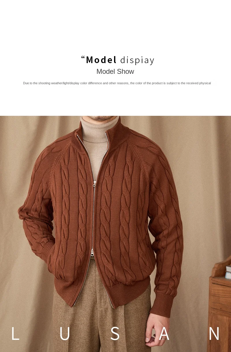 Pure Cotton Knitted British Thickened High Weight Twist Double Zipper Cardigan with Vertical Collar Sweater Jacket