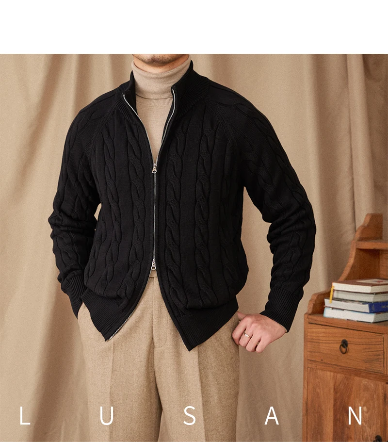 Pure Cotton Knitted British Thickened High Weight Twist Double Zipper Cardigan with Vertical Collar Sweater Jacket