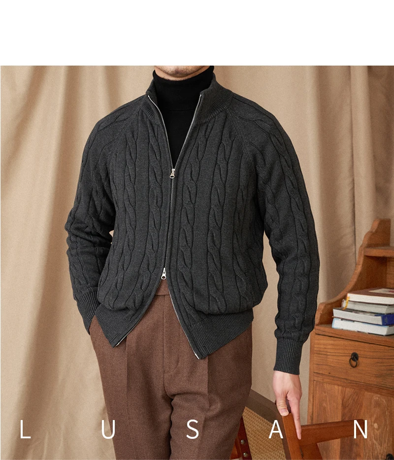 Pure Cotton Knitted British Thickened High Weight Twist Double Zipper Cardigan with Vertical Collar Sweater Jacket