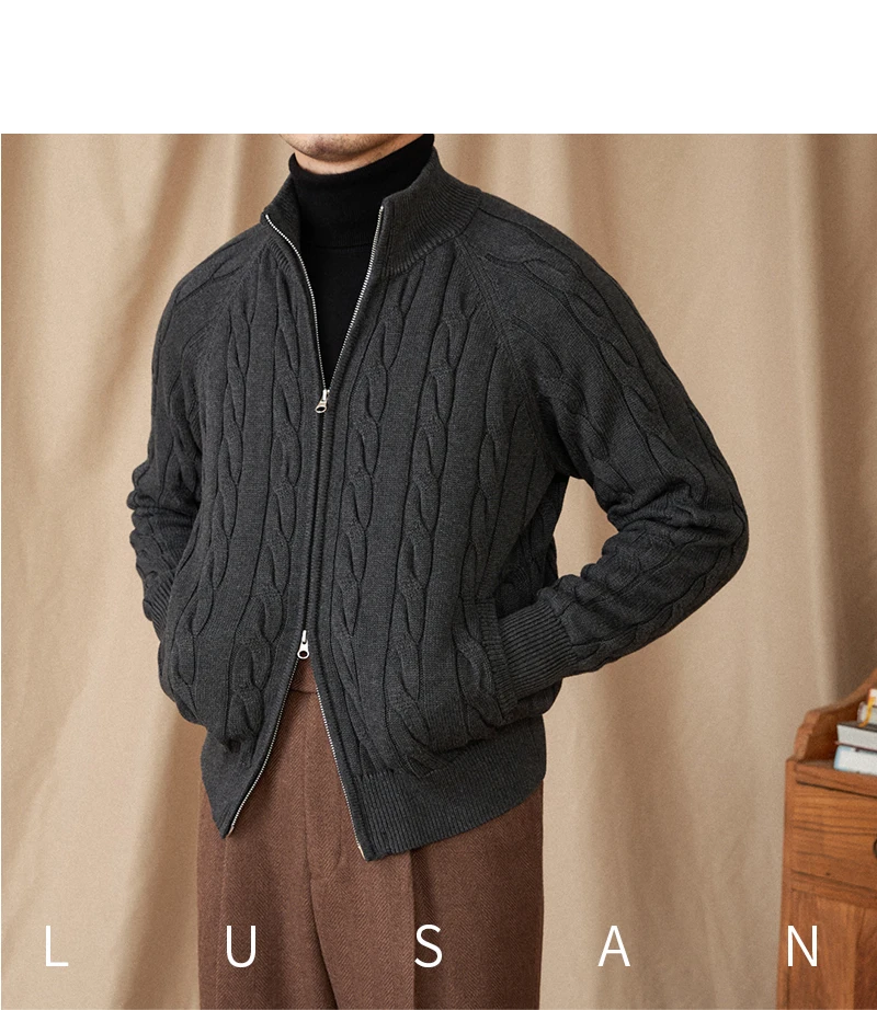 Pure Cotton Knitted British Thickened High Weight Twist Double Zipper Cardigan with Vertical Collar Sweater Jacket