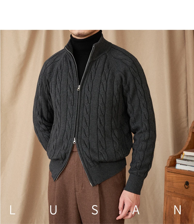 Pure Cotton Knitted British Thickened High Weight Twist Double Zipper Cardigan with Vertical Collar Sweater Jacket