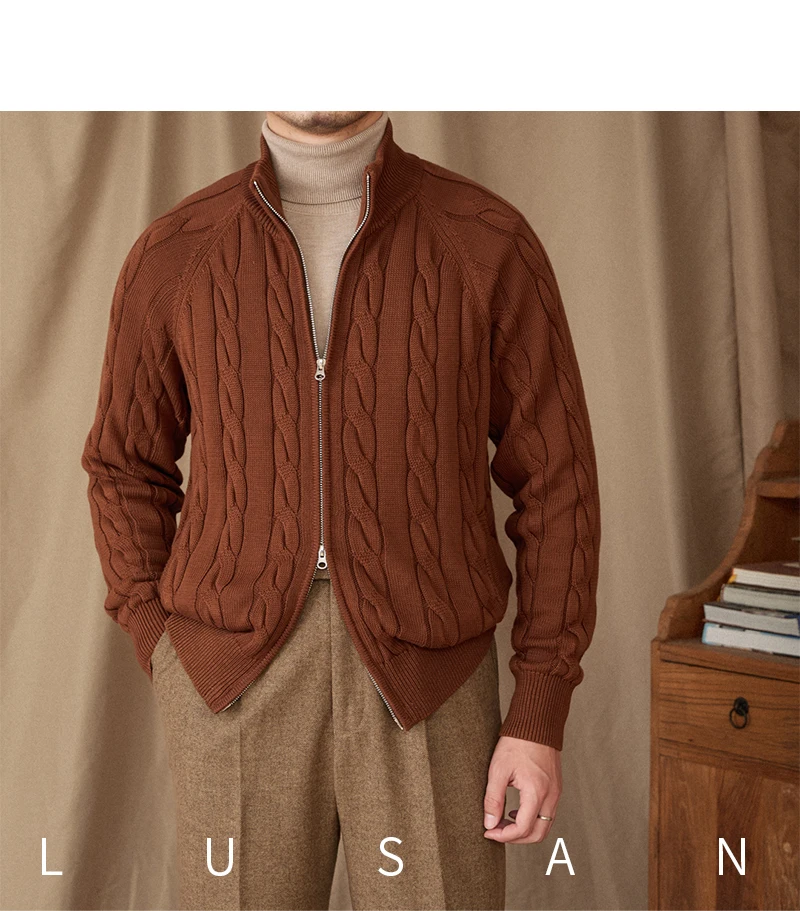 Pure Cotton Knitted British Thickened High Weight Twist Double Zipper Cardigan with Vertical Collar Sweater Jacket