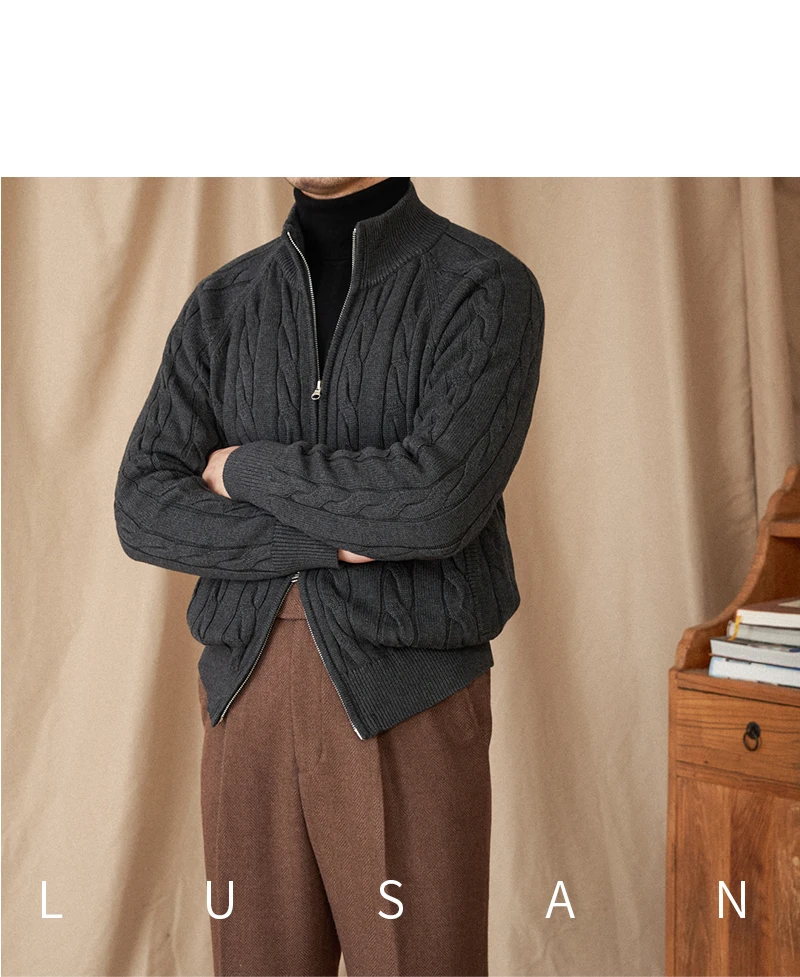 Pure Cotton Knitted British Thickened High Weight Twist Double Zipper Cardigan with Vertical Collar Sweater Jacket