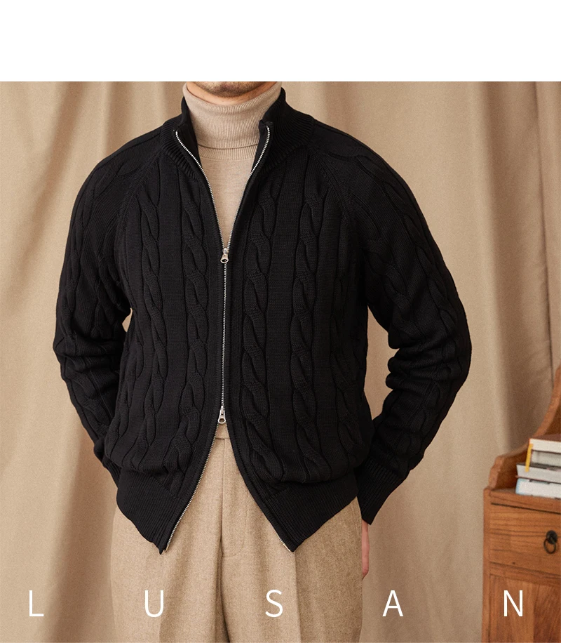 Pure Cotton Knitted British Thickened High Weight Twist Double Zipper Cardigan with Vertical Collar Sweater Jacket