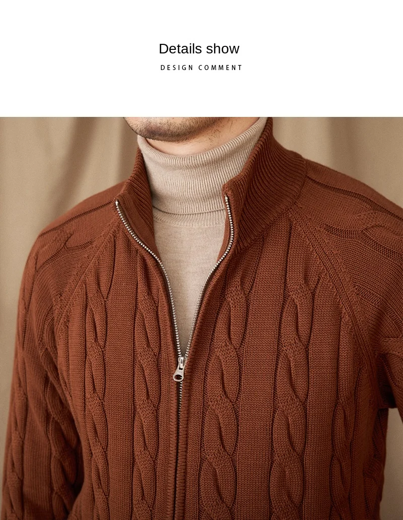Pure Cotton Knitted British Thickened High Weight Twist Double Zipper Cardigan with Vertical Collar Sweater Jacket