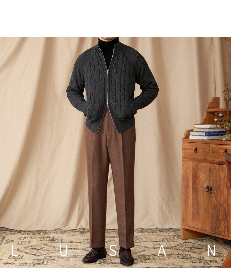 Pure Cotton Knitted British Thickened High Weight Twist Double Zipper Cardigan with Vertical Collar Sweater Jacket