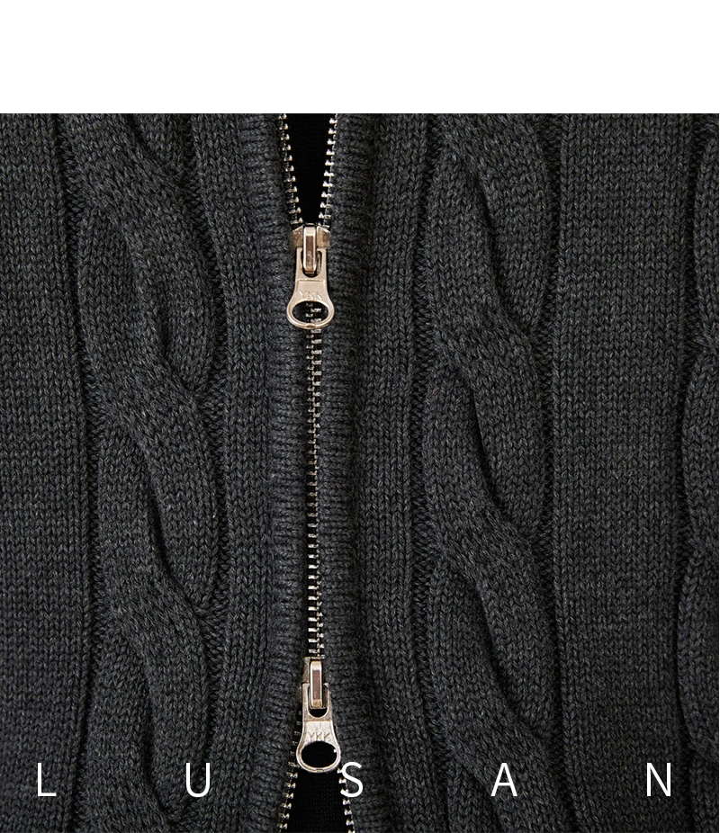 Pure Cotton Knitted British Thickened High Weight Twist Double Zipper Cardigan with Vertical Collar Sweater Jacket