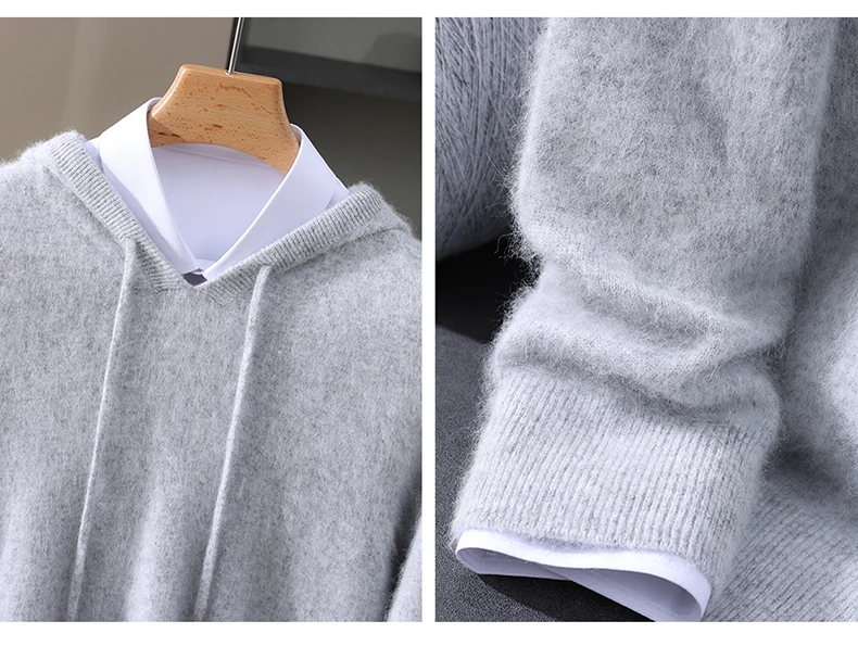Autumn Winter New 100% Mink Cashmere Sweater Men's Solid Color Hooded Pullover Knitted Sweater Loose Casual Top For Outdoor Wear