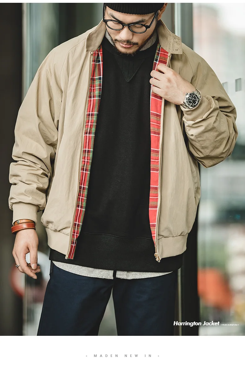 Maden Men's Vintage Khaki Jackets Retro Work Stand-collar Moto Jacket Casual Zippered Autumn and Winter Coat for Unisex Outwear