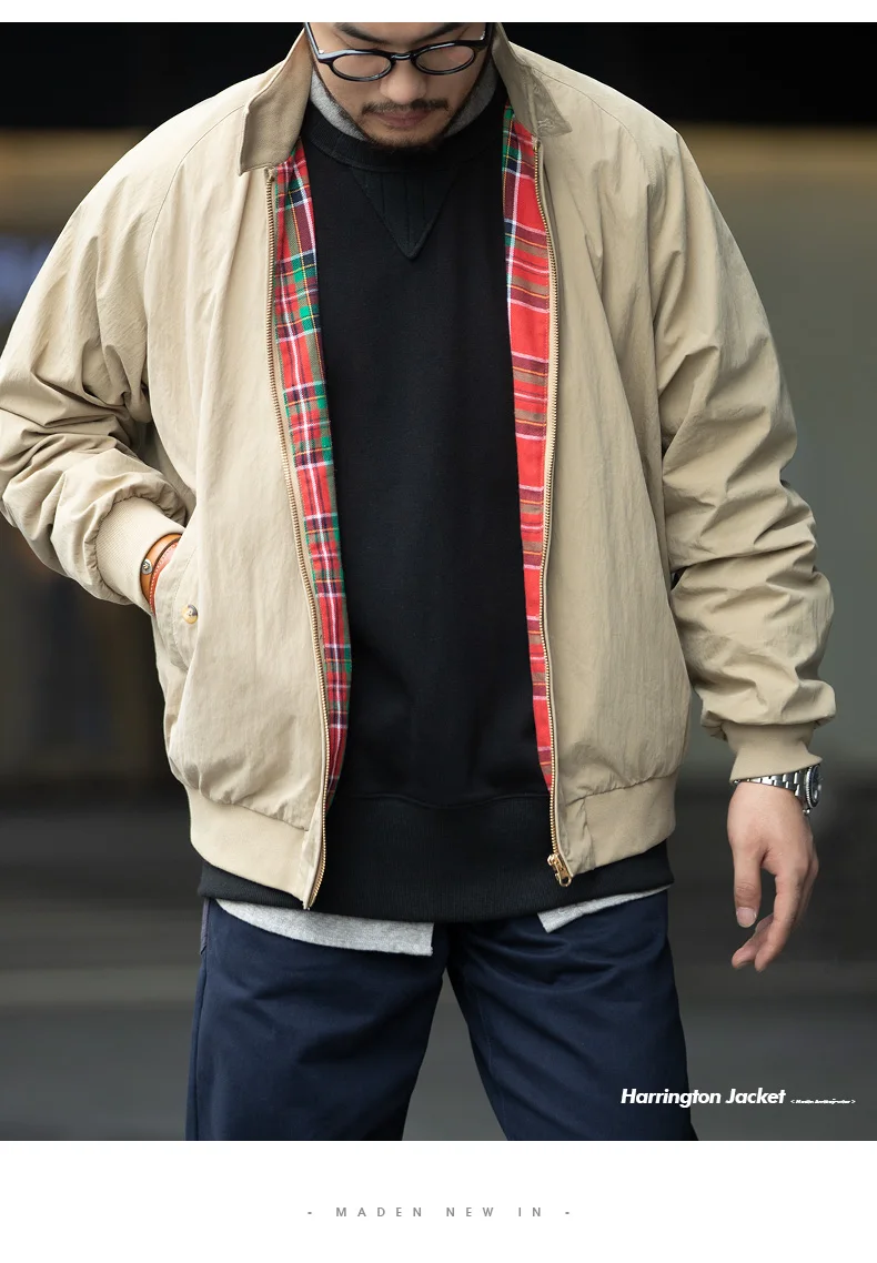 Maden Men's Vintage Khaki Jackets Retro Work Stand-collar Moto Jacket Casual Zippered Autumn and Winter Coat for Unisex Outwear