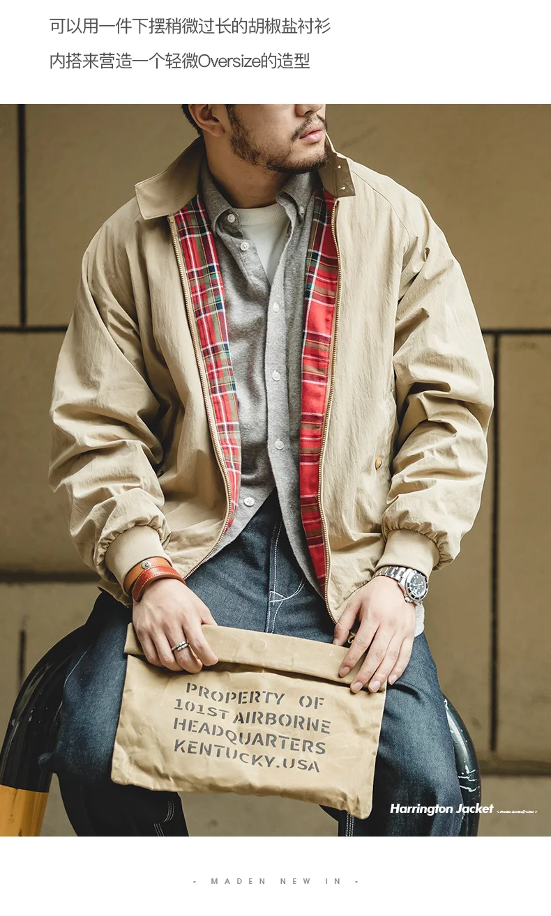 Maden Men's Vintage Khaki Jackets Retro Work Stand-collar Moto Jacket Casual Zippered Autumn and Winter Coat for Unisex Outwear