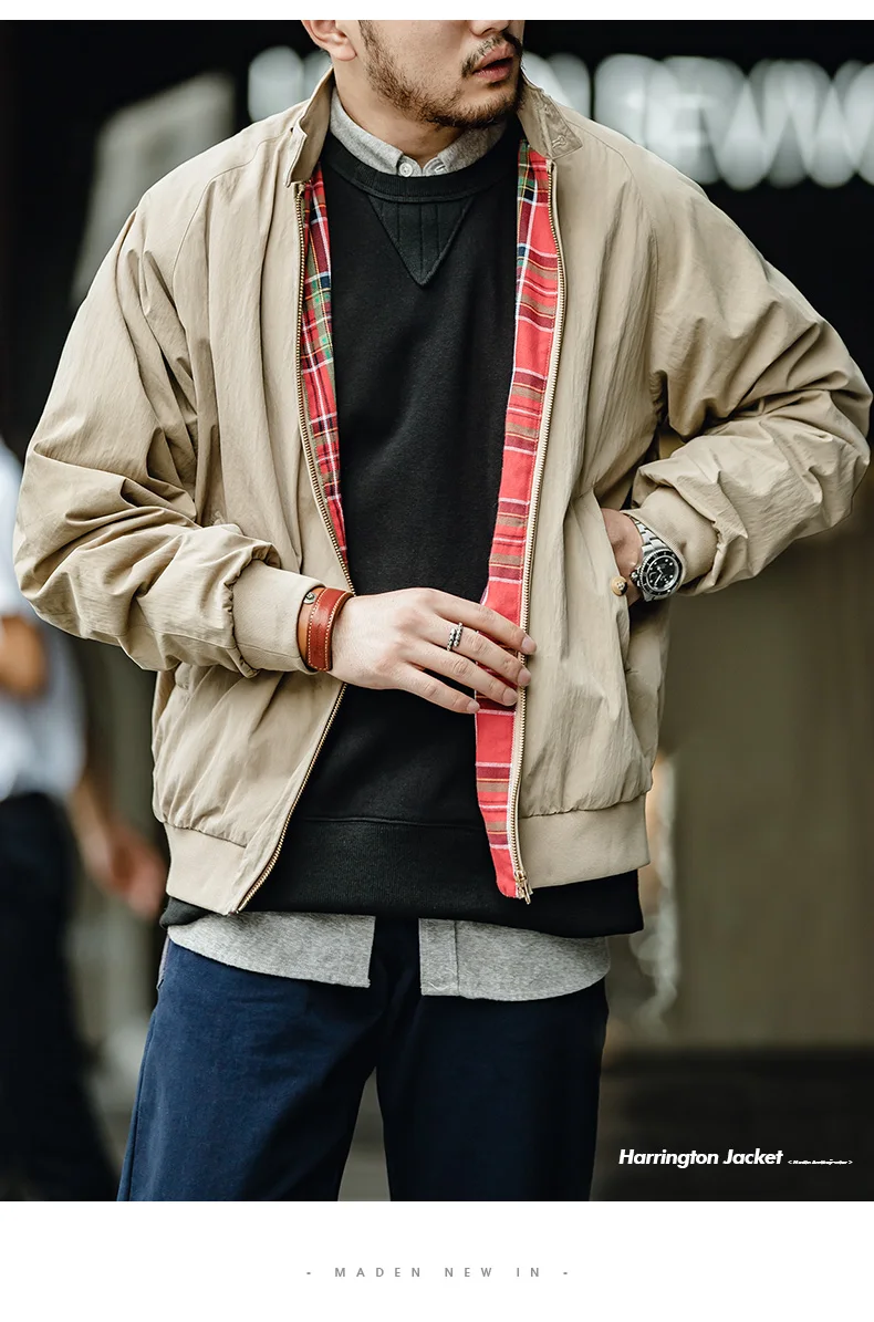 Maden Men's Vintage Khaki Jackets Retro Work Stand-collar Moto Jacket Casual Zippered Autumn and Winter Coat for Unisex Outwear