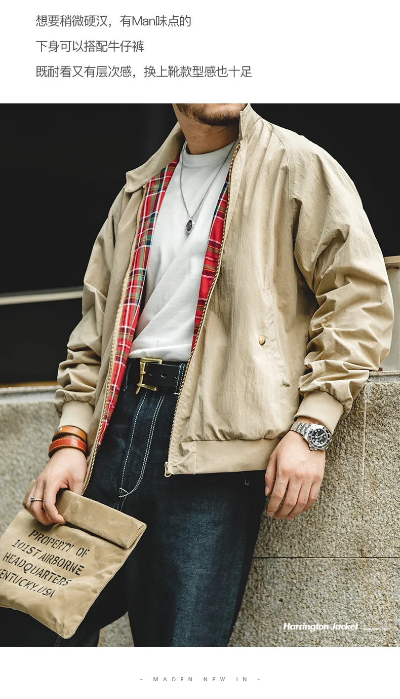 Maden Men's Vintage Khaki Jackets Retro Work Stand-collar Moto Jacket Casual Zippered Autumn and Winter Coat for Unisex Outwear