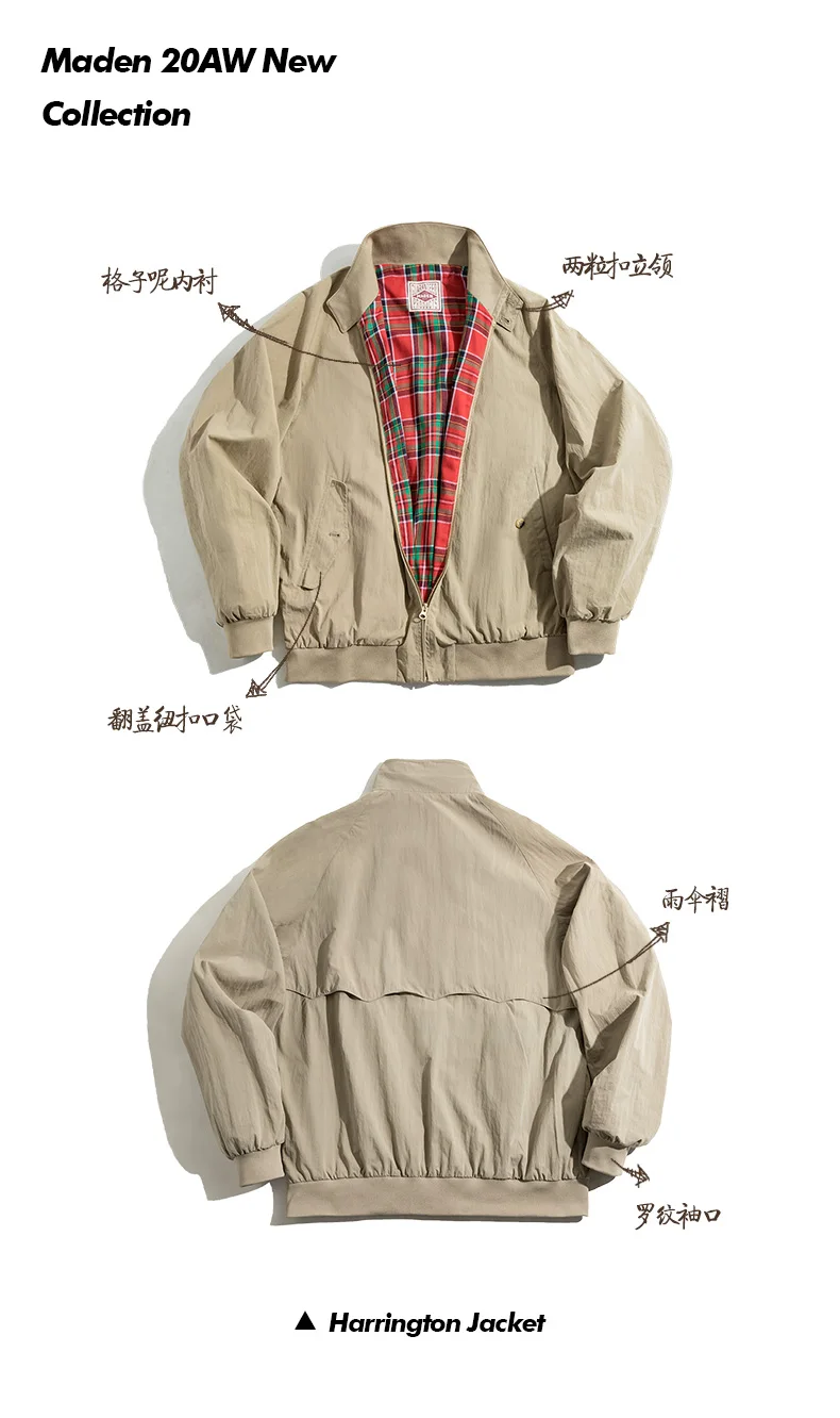 Maden Men's Vintage Khaki Jackets Retro Work Stand-collar Moto Jacket Casual Zippered Autumn and Winter Coat for Unisex Outwear