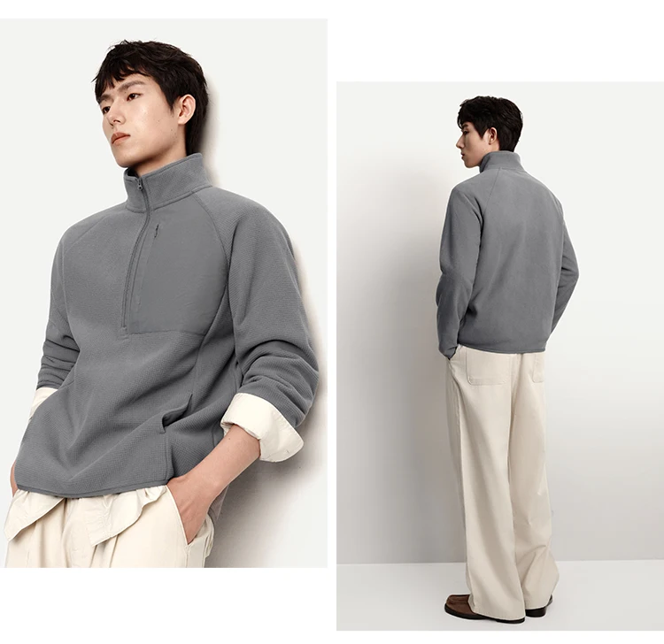 Semir Hoodie Men Warm Half-Open Placket Fleece Top Outdoor Patchwork Textured Stand Collar 2025 Winter New Men's Clothing