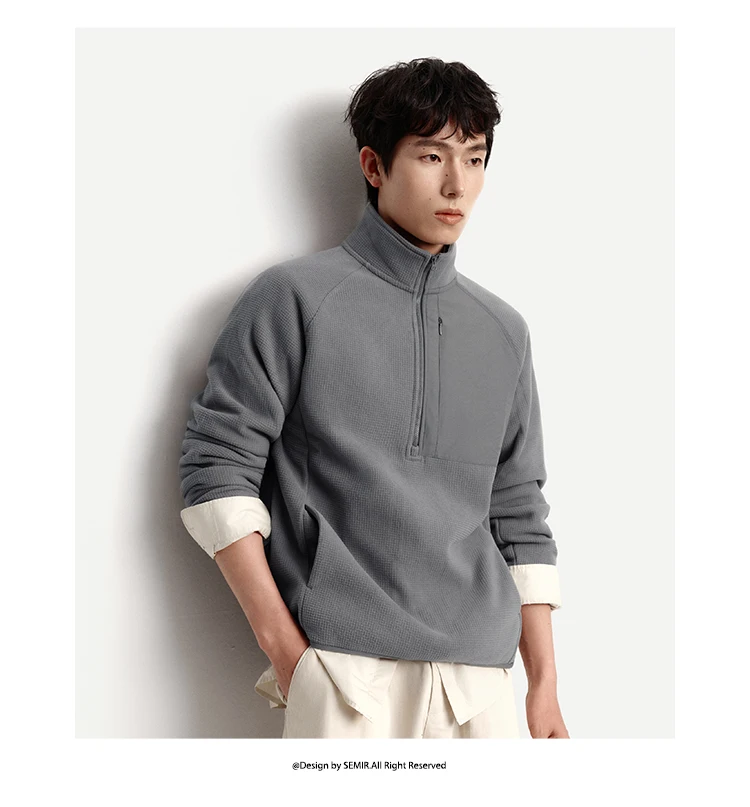 Semir Hoodie Men Warm Half-Open Placket Fleece Top Outdoor Patchwork Textured Stand Collar 2025 Winter New Men's Clothing