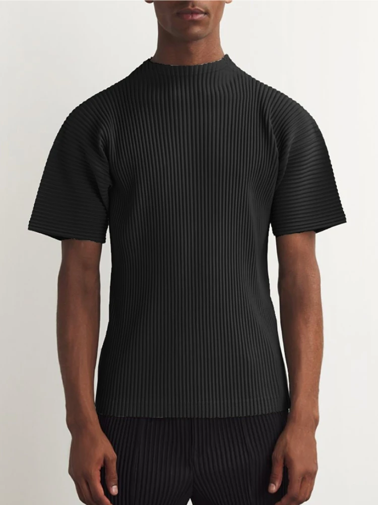 Miyake Japanese Pleated Mock Neck T Shirt Men New Short Sleeve Casual Top