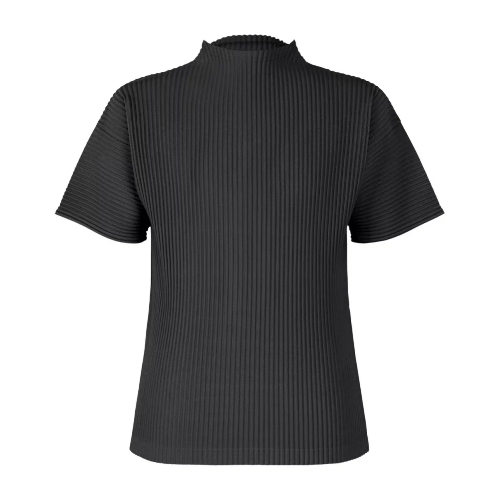 Miyake Japanese Pleated Mock Neck T Shirt Men New Short Sleeve Casual Top
