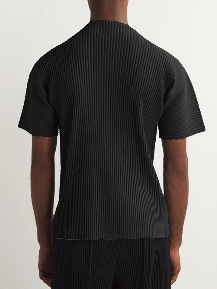 Miyake Japanese Pleated Mock Neck T Shirt Men New Short Sleeve Casual Top