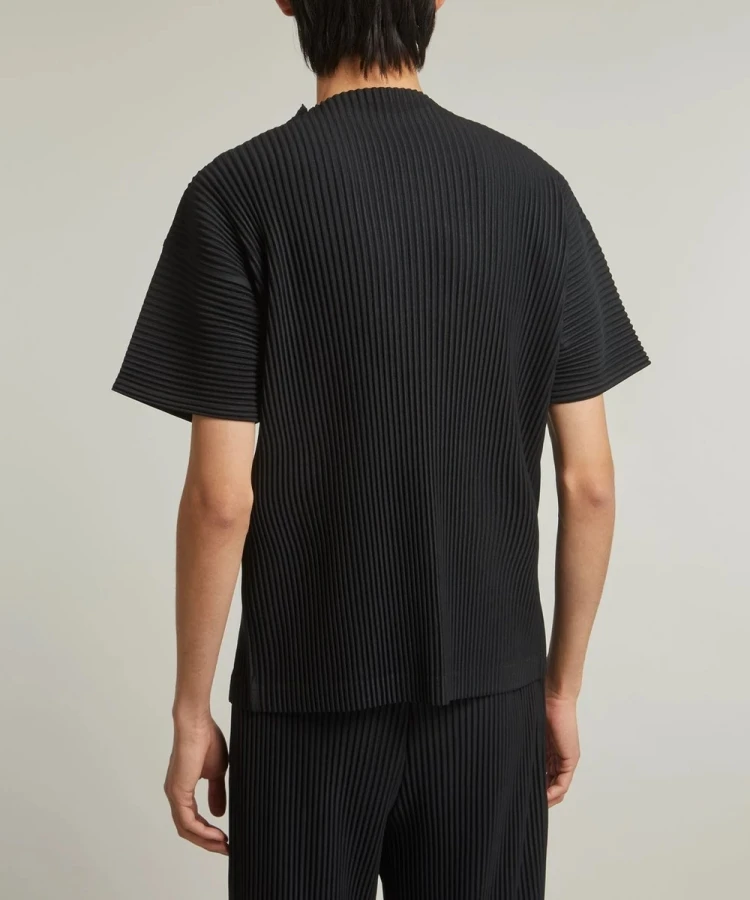 Miyake Japanese Pleated Mock Neck T Shirt Men New Short Sleeve Casual Top