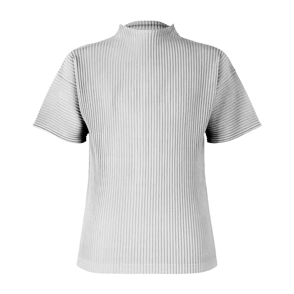 Miyake Japanese Pleated Mock Neck T Shirt Men New Short Sleeve Casual Top