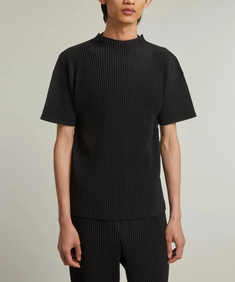 Miyake Japanese Pleated Mock Neck T Shirt Men New Short Sleeve Casual Top