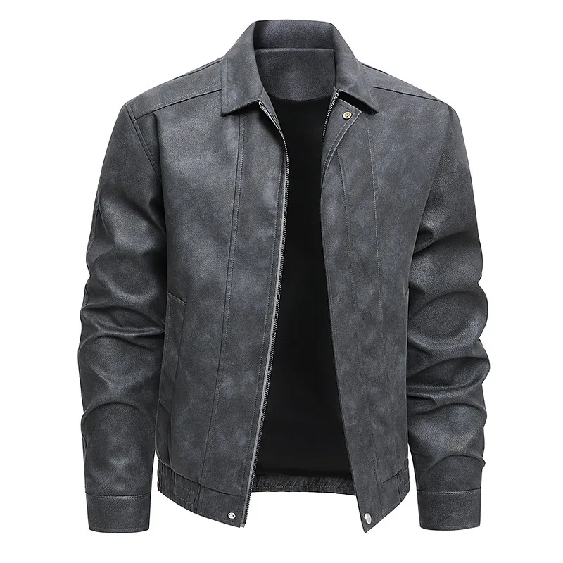 KIDWHXR Man Leather Coat Autumn Turn Down Collar Male Motorcycle Outerwear Windproof Long Sleeve Zipper Men Casual Jacket