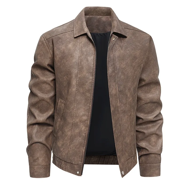 KIDWHXR Man Leather Coat Autumn Turn Down Collar Male Motorcycle Outerwear Windproof Long Sleeve Zipper Men Casual Jacket