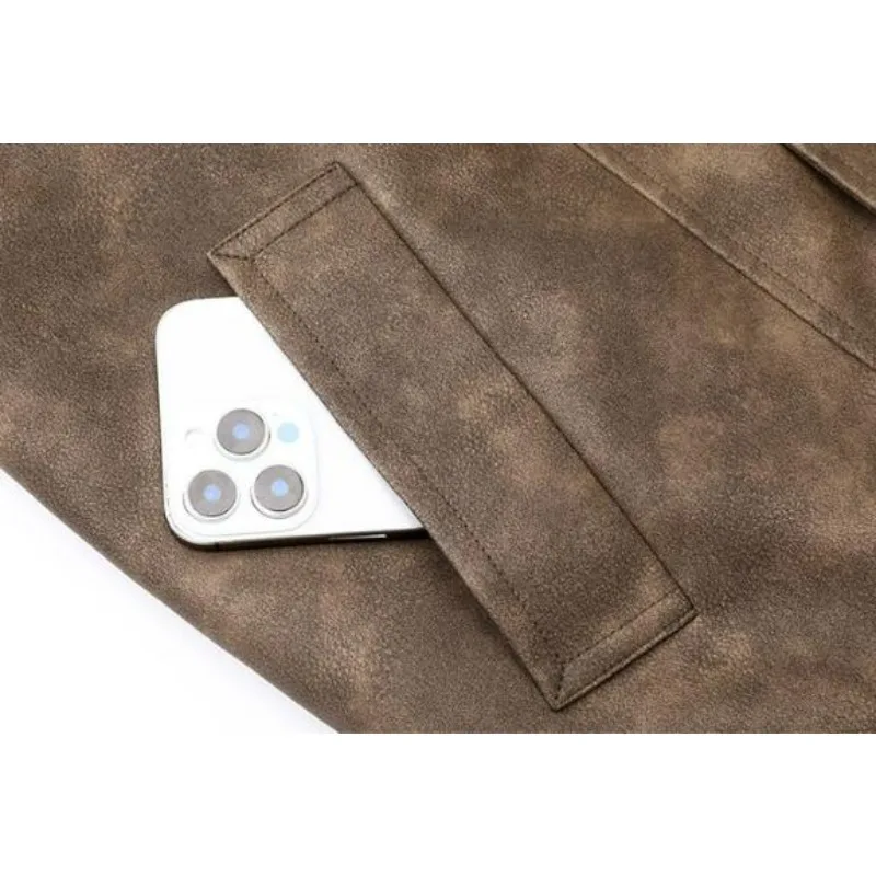 KIDWHXR Man Leather Coat Autumn Turn Down Collar Male Motorcycle Outerwear Windproof Long Sleeve Zipper Men Casual Jacket