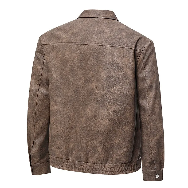 KIDWHXR Man Leather Coat Autumn Turn Down Collar Male Motorcycle Outerwear Windproof Long Sleeve Zipper Men Casual Jacket