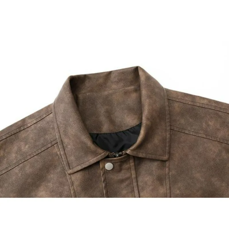 KIDWHXR Man Leather Coat Autumn Turn Down Collar Male Motorcycle Outerwear Windproof Long Sleeve Zipper Men Casual Jacket