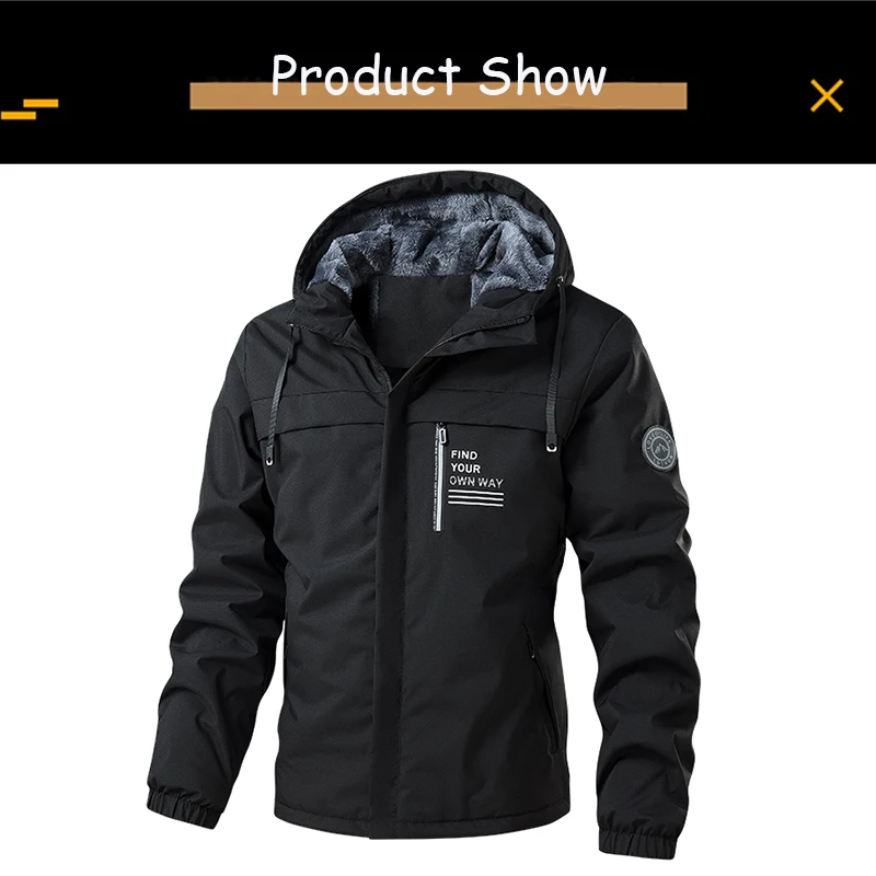 2025 New Spring Men Outdoor Hooded Windbreak Fleece Jacket Coats Men Autumn Warm Outwear Casual Fashion Solid Jacket Male Tops