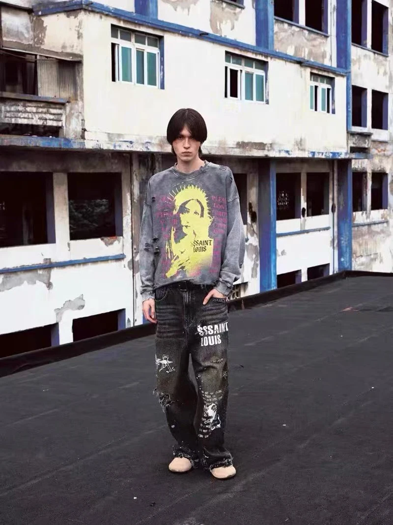 Water Washed Hole Damaged SSSAINT LOUIS Holy Female Print Sweatshirts Men Women Loose High Quality Round Neck Sweatshirts Tops